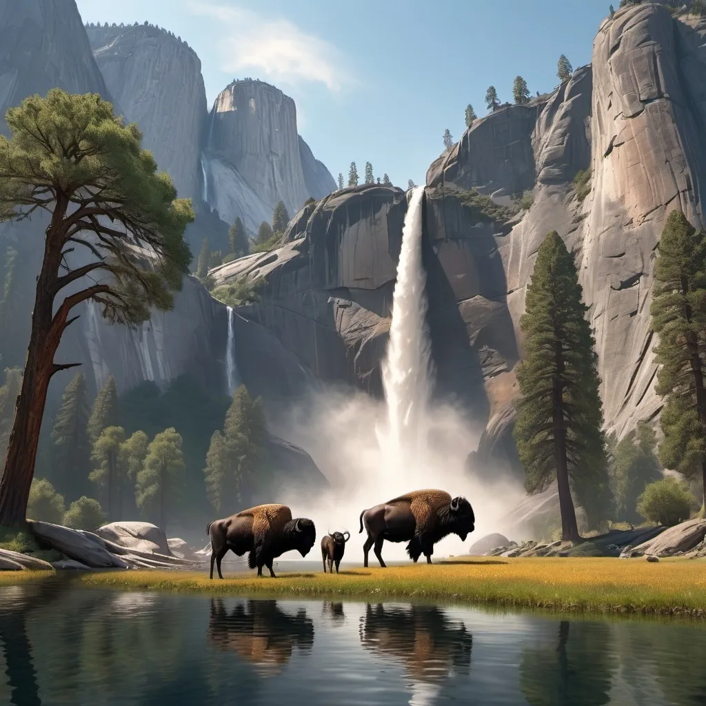 Prompt: Two buffalo and calf drinking from pond at bottom of Yosemite tall scenic waterfall with a bald eagle soaring above