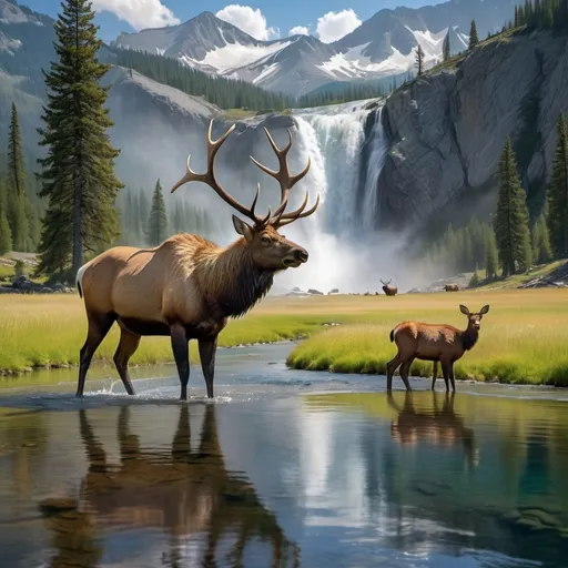 Prompt: Bull Elk watches cow and her calf drinking from crystal clear basin of tall waterfall, surrounded by majestic mountains, bald eagle soaring above, vibrant and dramatic colors, mesmerizing and serene atmosphere, lush greenery, detailed background with cascading water and mist, stunning reflections, high-definition, ultra-detailed, cinematic masterpiece, crisp and clear lighting