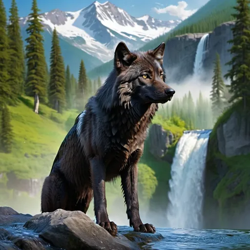 Prompt: Black Wolf watches wolf pup drinking from crystal clear basin of tall waterfall, surrounded by majestic mountains, bald eagle soaring above, vibrant and dramatic colors, mesmerizing and serene atmosphere, lush greenery, detailed background with cascading water and mist, stunning reflections, high-definition, ultra-detailed, cinematic masterpiece, crisp and clear lighting