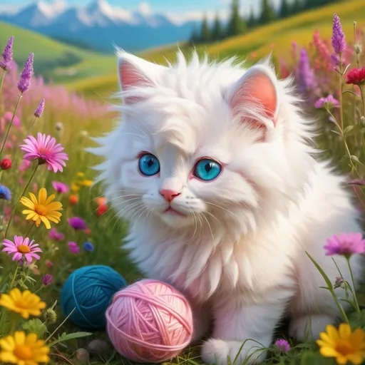 Prompt: (White fluffy fur kitty with blue eyes), cartoon style, dressed in pink, playing with multi colorful yarn ball, meadow of wild flowers, vibrant colors, warm lighting, cheerful atmosphere, detailed background with a variety of wildflowers, ultra-detailed, immaculate fur texture, 4K quality, dynamic and playful scenery.