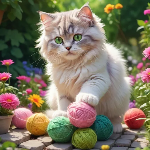 Prompt: White fluffy kitty (soft) with green eyes cartoon (pink collar)playing with multi color yarn ball in garden of variety of multi-colored flowers