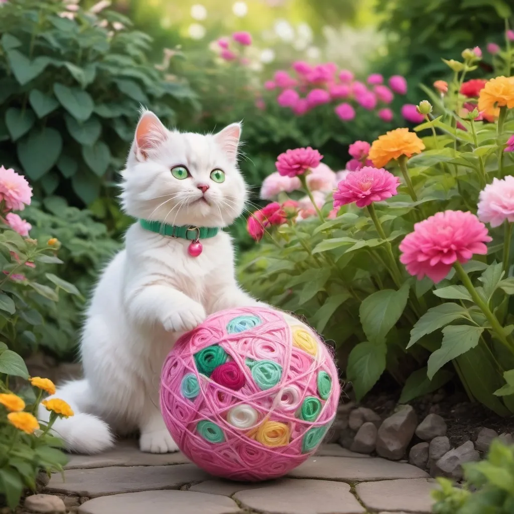 Prompt: White fluffy kitty (soft) with green eyes cartoon (pink collar)playing with multi color yarn ball in garden of variety of multi-colored flowers