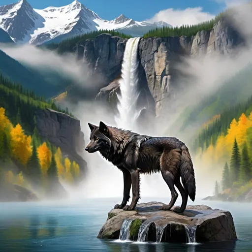 Prompt: Black Wolf watches wolf pup drinking from crystal clear basin of tall waterfall, surrounded by majestic mountains, bald eagle soaring above, vibrant and dramatic colors, mesmerizing and serene atmosphere, lush greenery, detailed background with cascading water and mist, stunning reflections, high-definition, ultra-detailed, cinematic masterpiece, crisp and clear lighting