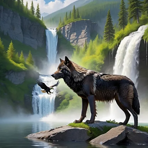 Prompt: Black Wolf watches her pup drinking from crystal clear basin of waterfall, with bald eagle soaring above, vibrant and dramatic colors, mesmerizing and serene atmosphere, lush greenery, detailed background with cascading water and mist, stunning reflections, high-definition, ultra-detailed, cinematic masterpiece, crisp and clear lighting