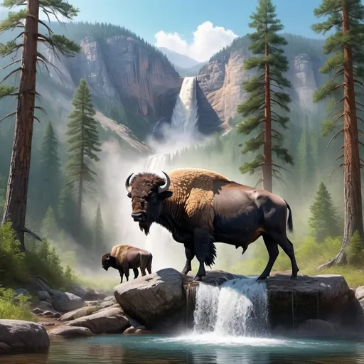 Prompt: Buffalo watch baby buffalo drink from crystal clear basin of tall waterfall in the mountains while bald eagle soars above