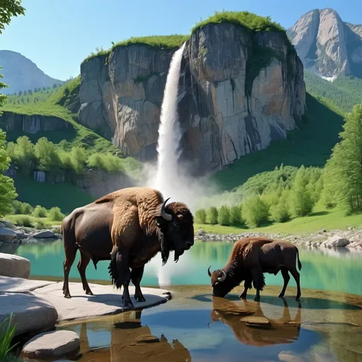 Prompt: Two (buffalo) and calf drinking from crystal clear pond, at bottom of mountain with large scenic waterfall, bald eagle soaring above, vibrant colors, high depth cinematic masterpiece, serene and majestic atmosphere, dramatic lighting, lush greenery surrounding the pond, imposing rocky cliffs in the background, clear blue sky, crystal clear water reflecting the landscape, 4K, ultra-detailed, breathtaking scenery.