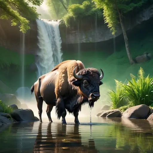 Prompt: A buffalo drinking from a pond at the base of a waterfall