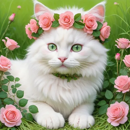 Prompt: Cartoon of fluffy white kitty, big green eyes, (pink,coral,hot pink rose floral crown wreath) sitting in lush grass and light pink renuncula flowers