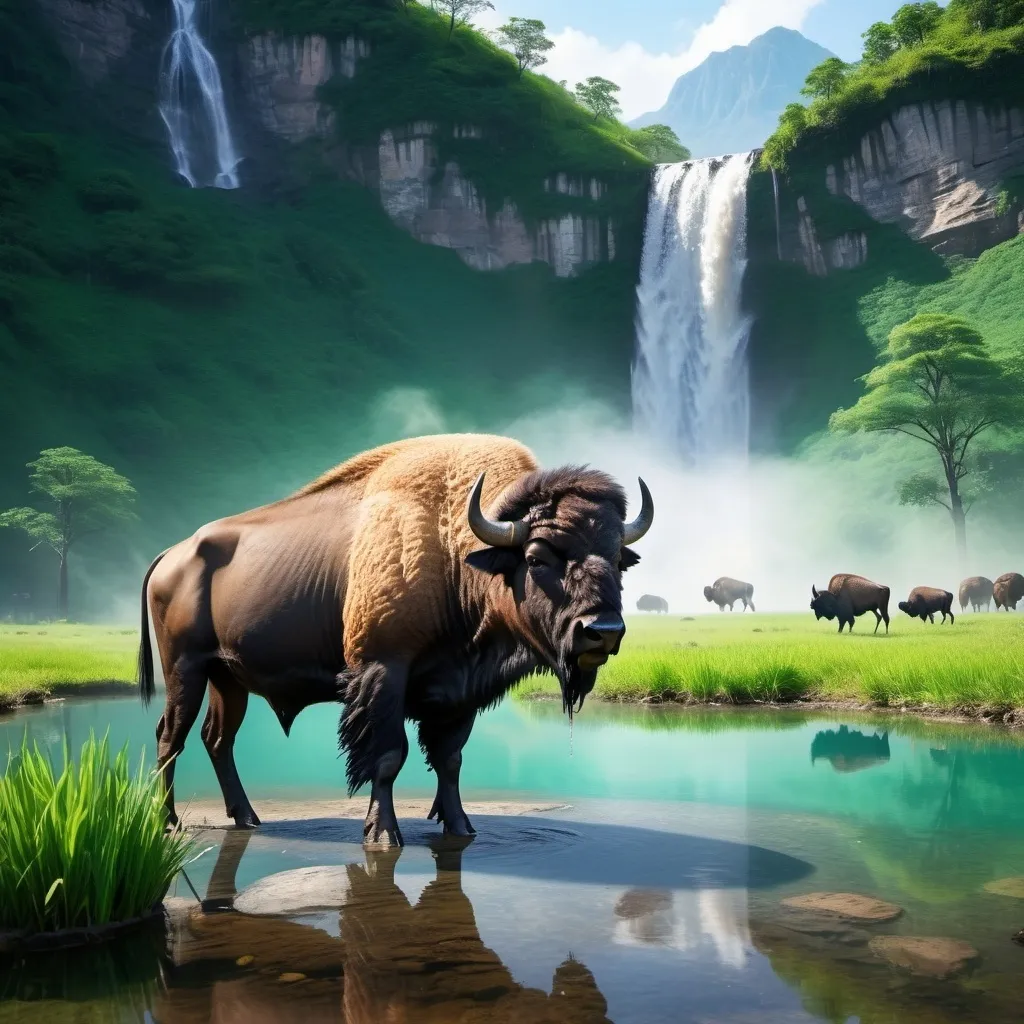 Prompt: A buffalo drinking from a pond at the base of a waterfall with a baby buffalo and an eagle soaring above