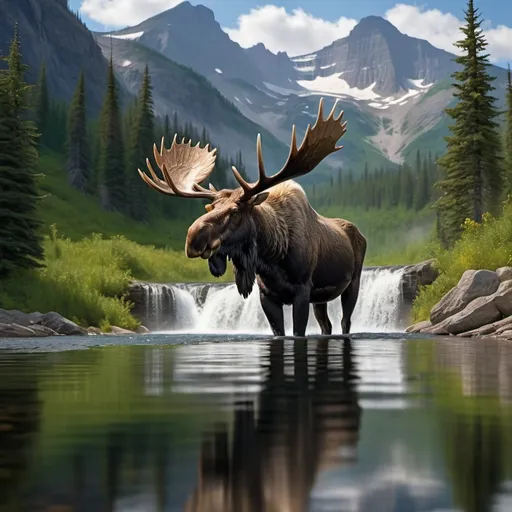 Prompt: Bull moose watches cow, calf, drinking from crystal clear basin of tall waterfall, surrounded by majestic mountains, bald eagle soaring above, vibrant and dramatic colors, mesmerizing and serene atmosphere, lush greenery, detailed background with cascading water and mist, stunning reflections, high-definition, ultra-detailed, cinematic masterpiece, crisp and clear lighting