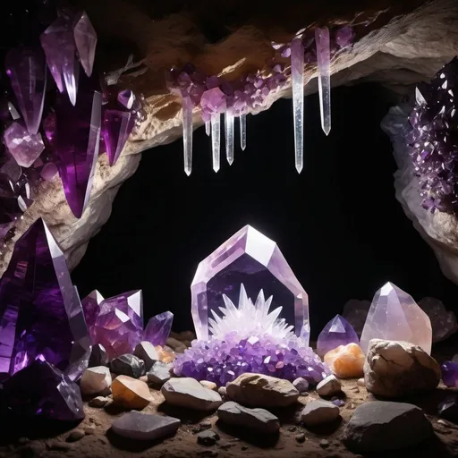 Prompt: A Cave With Crystals And Amethysts Glowing With a Silhouette Touching The Brightest Crystal In The Centre