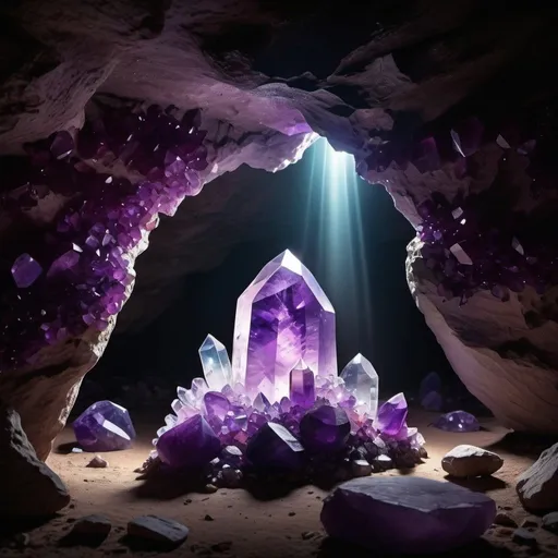 Prompt: A Cave With Crystals And Amethysts Glowing With a Silhouette Touching The Brightest Crystal In The Centre