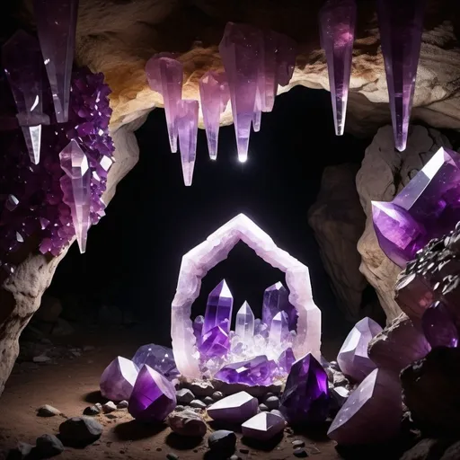 Prompt: A Cave With Crystals And Amethysts Glowing With a Silhouette Touching The Brightest Crystal In The Centre
