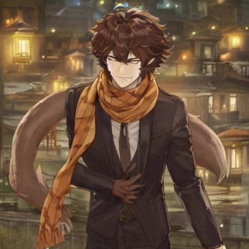 Prompt: A brown haired werewolf boy wearing a scarf and suit