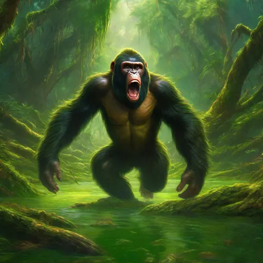 Prompt: Zoomed out wide angle view of Wild Ape-like creature leaping at the viewer in a green swamp, ready to attack, angry looking, epic anime portrait, beautiful 8k eyes, fine oil painting, intense, lunging at viewer, zoomed out view of character, 64k, hyper detailed, expressive, intense, aggressive, intelligent, covered in scratches and scars, golden ratio, precise, perfect proportions, vibrant, hyper detailed, dynamic, complementary colors, UHD, HDR, top quality artwork, beautiful detailed background, unreal 5, artstaion, deviantart, instagram, professional, masterpiece, in the style of magic the gathering
