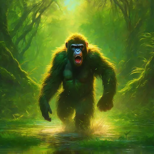 Prompt: Wild Ape-like creature walking on two legs in a green swamp, ready to attack, angry looking, epic anime portrait, beautiful 8k eyes, fine oil painting, intense, lunging at viewer, zoomed out view of character, 64k, hyper detailed, expressive, intense, aggressive, intelligent, covered in scratches and scars, golden ratio, precise, perfect proportions, vibrant, hyper detailed, dynamic, complementary colors, UHD, HDR, top quality artwork, beautiful detailed background, unreal 5, artstaion, deviantart, instagram, professional, masterpiece
