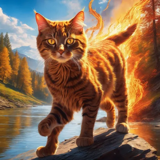 Prompt: warrior cat made of fire, young male cat, epic anime portrait, beautiful 8k eyes, fine oil painting, intense, lunging at viewer, wearing shiny bracelet, solid red belly, worm's eye view, zoomed out view of character,  (unsheathed claws), visible claws, 64k, hyper detailed, expressive, intense, hissing cat, aggressive, intelligent, lithe, small, covered in scratches and scars, thick billowing mane, golden ratio, precise, perfect proportions, vibrant, prowling by a sun-bathed river, hyper detailed, dynamic, complementary colors, UHD, HDR, top quality artwork, beautiful detailed background, unreal 5, artstaion, deviantart, instagram, professional, masterpiece