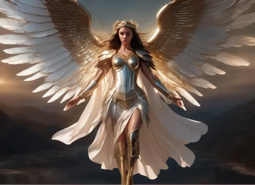 Prompt: Armored angel with spread wings, metallic texture, divine halo, intricate feather details, heavenly glow, majestic pose, ethereal atmosphere, high quality, realistic, fantasy, metallic tones, radiant lighting