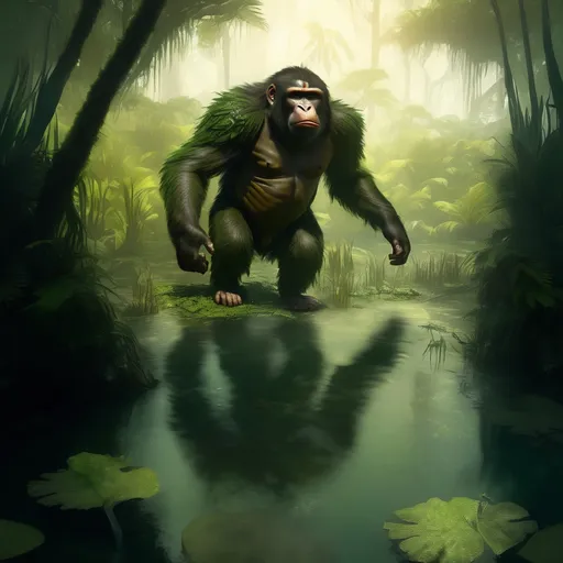 Prompt: Wild Ape-like creature walking on two legs in a green swamp, vibrant jungle foliage, realistic 3D rendering, detailed fur with natural textures, intense and powerful stance, high quality, realistic, jungle, wild ape, detailed fur, vibrant foliage, natural textures, powerful stance, 3D rendering, green tones, atmospheric lighting