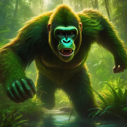 Prompt: Zoomed out wide angle view of Wild Ape-like creature leaping at the viewer in a green swamp, ready to attack, angry looking, epic anime portrait, beautiful 8k eyes, fine oil painting, intense, lunging at viewer, zoomed out view of character, 64k, hyper detailed, expressive, intense, aggressive, intelligent, covered in scratches and scars, golden ratio, precise, perfect proportions, vibrant, hyper detailed, dynamic, complementary colors, UHD, HDR, top quality artwork, beautiful detailed background, unreal 5, artstaion, deviantart, instagram, professional, masterpiece
