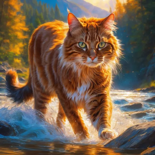 Prompt: warrior Fire cat, young male cat, epic anime portrait, beautiful 8k eyes, fine oil painting, intense, lunging at viewer, wearing shiny bracelet, solid red belly, worm's eye view, zoomed out view of character,  (unsheathed claws), visible claws, 64k, hyper detailed, expressive, intense, hissing cat, aggressive, intelligent, lithe, small, covered in scratches and scars, thick billowing mane, glistening golden fur, golden ratio, precise, perfect proportions, vibrant, prowling by a sun-bathed river, hyper detailed, dynamic, complementary colors, UHD, HDR, top quality artwork, beautiful detailed background, unreal 5, artstaion, deviantart, instagram, professional, masterpiece