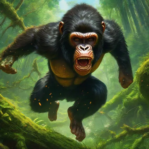 Prompt: Zoomed out wide angle view of Wild Ape-like creature leaping at the viewer in a green swamp, ready to attack, angry looking, epic anime portrait, beautiful 8k eyes, fine oil painting, intense, lunging at viewer, zoomed out view of character, 64k, hyper detailed, expressive, intense, aggressive, intelligent, covered in scratches and scars, golden ratio, precise, perfect proportions, vibrant, hyper detailed, dynamic, complementary colors, UHD, HDR, top quality artwork, beautiful detailed background, unreal 5, artstaion, deviantart, instagram, professional, masterpiece
