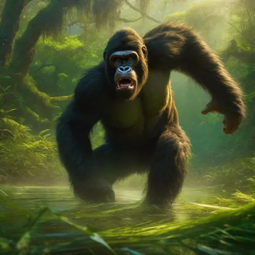 Prompt: Zoomed out wide angle view of large Wild Ape-like creature leaping at the viewer in a green swamp, battle-scarred, angry looking, epic anime portrait, beautiful 8k eyes, fine oil painting, intense, lunging at viewer, zoomed out view of character, 64k, hyper detailed, expressive, intense, aggressive, intelligent, covered in scratches and scars, golden ratio, precise, perfect proportions, vibrant, hyper detailed, dynamic, complementary colors, UHD, HDR, top quality artwork, beautiful detailed background, unreal 5, artstaion, deviantart, instagram, professional, masterpiece, in the style of magic the gathering
