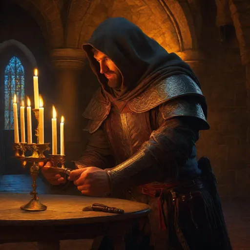 Prompt: Medieval Assassin Lurking in Castle, holding knife, dim candlelight, fine oil painting, intense, zoomed out view of character, 64k, hyper detailed, expressive, intense, aggressive, intelligent, golden ratio, precise, perfect proportions, vibrant, hyper detailed, dynamic, complementary colors, UHD, HDR, top quality artwork, beautiful detailed background, unreal 5, artstaion, deviantart, instagram, professional, masterpiece
