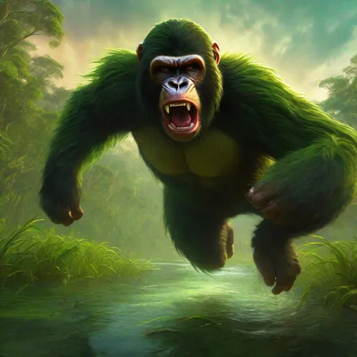 Prompt: Zoomed out wide angle view of large Wild Ape-like creature leaping at the viewer in a green swamp, ready to attack, angry looking, epic anime portrait, beautiful 8k eyes, fine oil painting, intense, lunging at viewer, zoomed out view of character, 64k, hyper detailed, expressive, intense, aggressive, intelligent, covered in scratches and scars, golden ratio, precise, perfect proportions, vibrant, hyper detailed, dynamic, complementary colors, UHD, HDR, top quality artwork, beautiful detailed background, unreal 5, artstaion, deviantart, instagram, professional, masterpiece, in the style of magic the gathering
