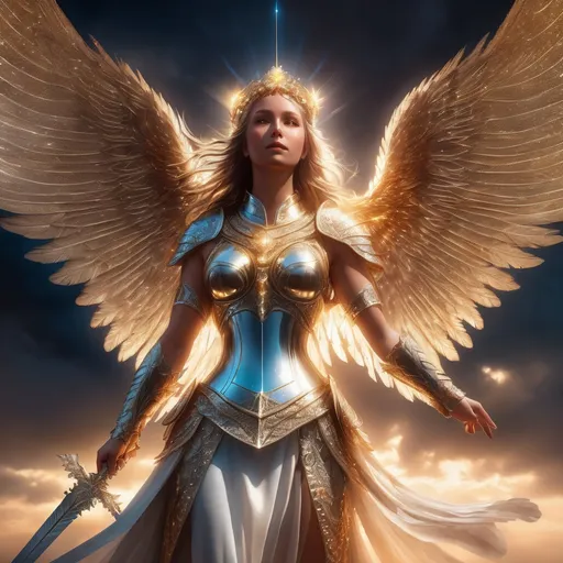 Prompt: Armored angel with spread wings, metallic texture, divine halo, intricate feather details, heavenly glow, majestic pose, ethereal atmosphere, high quality, realistic, fantasy, metallic tones, radiant lighting. Lifting her sword to the sky, creating a beam of light in the dark sky