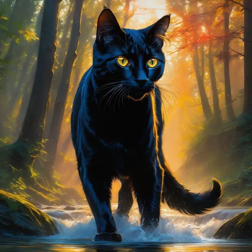 Prompt: Black warrior cat, young male cat, in dark forest, epic anime portrait, beautiful 8k eyes, fine oil painting, intense, lunging at viewer, wearing shiny bracelet, solid black belly, worm's eye view, zoomed out view of character,  (unsheathed claws), visible claws, 64k, hyper detailed, expressive, intense, hissing cat, aggressive, intelligent, lithe, small, covered in scratches and scars, thick billowing mane, golden ratio, precise, perfect proportions, vibrant, prowling by a sun-bathed river, hyper detailed, dynamic, complementary colors, UHD, HDR, top quality artwork, beautiful detailed background, unreal 5, artstaion, deviantart, instagram, professional, masterpiece