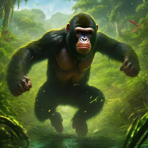 Prompt: Zoomed out wide angle view of Wild Ape-like creature leaping at the viewer in a green swamp, ready to attack, angry looking, epic anime portrait, beautiful 8k eyes, fine oil painting, intense, lunging at viewer, zoomed out view of character, 64k, hyper detailed, expressive, intense, aggressive, intelligent, covered in scratches and scars, golden ratio, precise, perfect proportions, vibrant, hyper detailed, dynamic, complementary colors, UHD, HDR, top quality artwork, beautiful detailed background, unreal 5, artstaion, deviantart, instagram, professional, masterpiece
