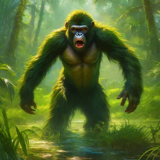 Prompt: Wild Ape-like creature walking on two legs in a green swamp, ready to attack, angry looking, epic anime portrait, beautiful 8k eyes, fine oil painting, intense, lunging at viewer, zoomed out view of character, 64k, hyper detailed, expressive, intense, aggressive, intelligent, covered in scratches and scars, golden ratio, precise, perfect proportions, vibrant, hyper detailed, dynamic, complementary colors, UHD, HDR, top quality artwork, beautiful detailed background, unreal 5, artstaion, deviantart, instagram, professional, masterpiece
