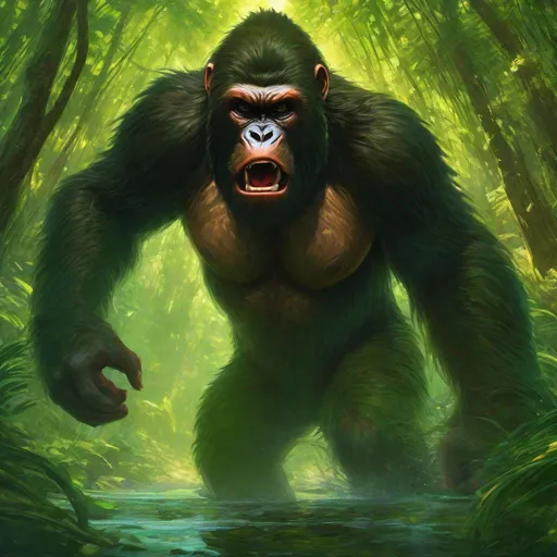 Prompt: Zoomed out wide angle view of large Wild Ape-like creature leaping at the viewer in a green swamp, ready to attack, angry looking, epic anime portrait, beautiful 8k eyes, fine oil painting, intense, lunging at viewer, zoomed out view of character, 64k, hyper detailed, expressive, intense, aggressive, intelligent, covered in scratches and scars, golden ratio, precise, perfect proportions, vibrant, hyper detailed, dynamic, complementary colors, UHD, HDR, top quality artwork, beautiful detailed background, unreal 5, artstaion, deviantart, instagram, professional, masterpiece, in the style of magic the gathering
