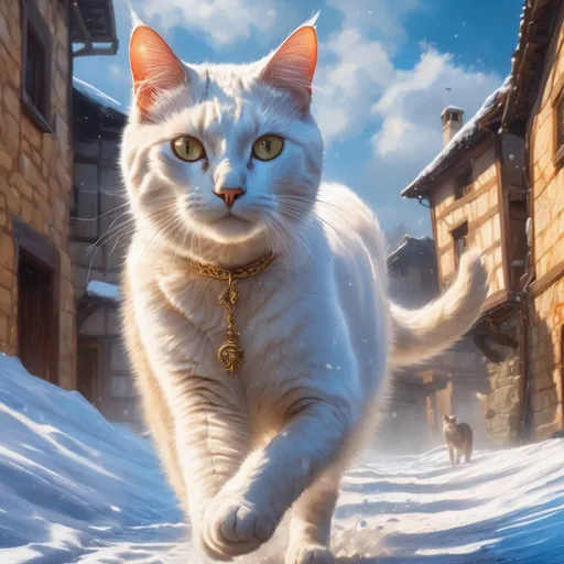 Prompt: White warrior cat, young male cat, walking in snowy medieval street, epic anime portrait, beautiful 8k eyes, fine oil painting, intense, lunging at viewer, wearing shiny bracelet, solid white belly, worm's eye view, zoomed out view of character,  (unsheathed claws), visible claws, 64k, hyper detailed, expressive, intense, hissing cat, aggressive, intelligent, lithe, small, covered in scratches and scars, thick billowing mane, golden ratio, precise, perfect proportions, vibrant, hyper detailed, dynamic, complementary colors, UHD, HDR, top quality artwork, beautiful detailed background, unreal 5, artstaion, deviantart, instagram, professional, masterpiece