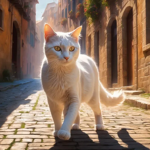 Prompt: White warrior cat, young male cat, walking in medieval street, epic anime portrait, beautiful 8k eyes, fine oil painting, intense, lunging at viewer, wearing shiny bracelet, solid white belly, worm's eye view, zoomed out view of character,  (unsheathed claws), visible claws, 64k, hyper detailed, expressive, intense, hissing cat, aggressive, intelligent, lithe, small, covered in scratches and scars, thick billowing mane, golden ratio, precise, perfect proportions, vibrant, hyper detailed, dynamic, complementary colors, UHD, HDR, top quality artwork, beautiful detailed background, unreal 5, artstaion, deviantart, instagram, professional, masterpiece