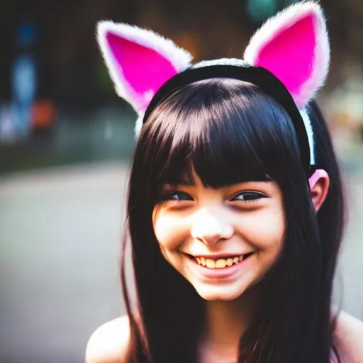 Prompt: girl wearing cat ears and smiling