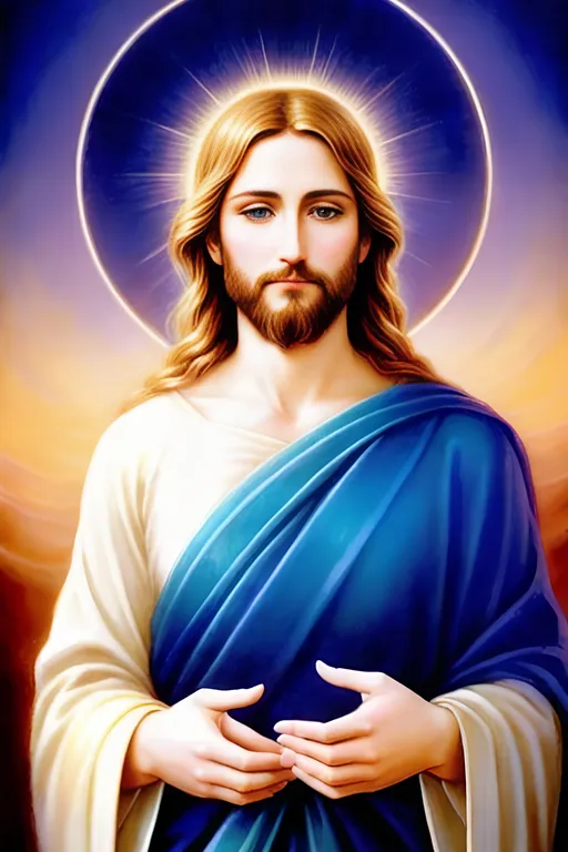 Prompt: Ethereal traditional art of Jesus Christ, gentle facial features, BLUE eyes, vibrant golden halo, heavenly glow, soft pastel colors, detailed brushwork, divine aura, serene, peaceful, high quality, traditional art style, warm lighting, divine presence