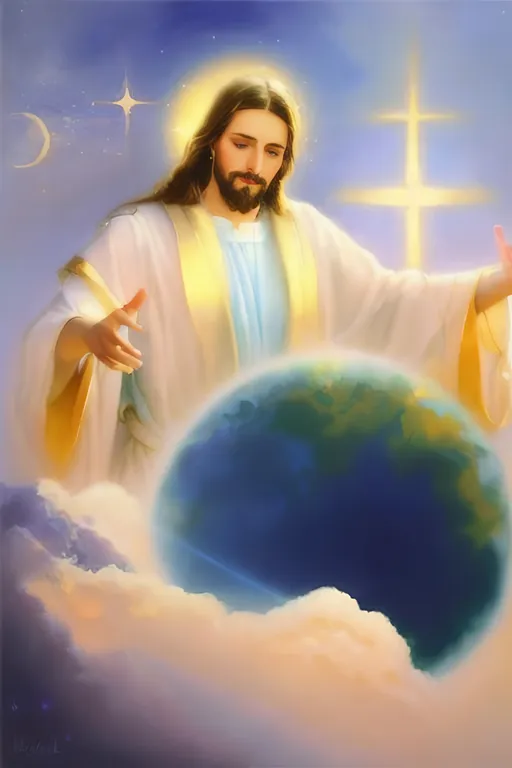 Prompt: Ethereal traditional art of Jesus Christ, gentle facial features, BLUE eyes, vibrant golden halo, heavenly glow, soft pastel colors, detailed brushwork, divine aura, serene, peaceful, high quality, traditional art style, warm lighting, Divine Presence blessing Earth, religious, detailed hands, gentle expression