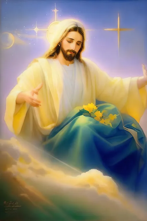 Prompt: Ethereal traditional art of Jesus Christ, gentle facial features, BLUE eyes, vibrant golden halo, heavenly glow, soft pastel colors, detailed brushwork, divine aura, serene, peaceful, high quality, traditional art style, warm lighting, Divine Presence blessing Earth, religious, detailed hands, gentle expression