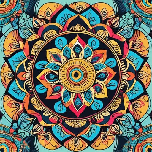 Prompt: (whimsical mandala with 8 vortices), intricate thin line art, vibrant flat colors, soothing symmetry, captivating design, artistic flair, visually engaging patterns, magical aura, seamless flow, modern illustrative style, detailed elements, enchanting visual, (high quality) illustration, 4K, ultra-detailed.