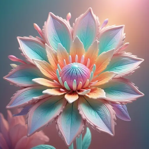 Prompt: Vibrant, surreal 3D rendering of a colorful fantasy flower, soft pastel tones, intricate petal details, dreamy atmosphere, high quality, 3D rendering, surreal, pastel tones, fantasy, vibrant, intricate details, dreamy atmosphere