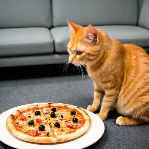 Prompt: Orange cat named Hellen Keller eating pizza