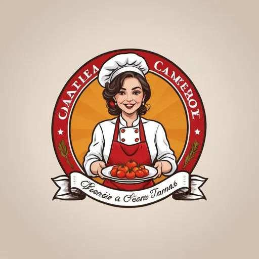 Prompt: Create a logo for catering company for delivery only, focused on home made food, spanish style. The logo should be a woman chef with a plate of tomatoes, cheese, and spanish ingredients