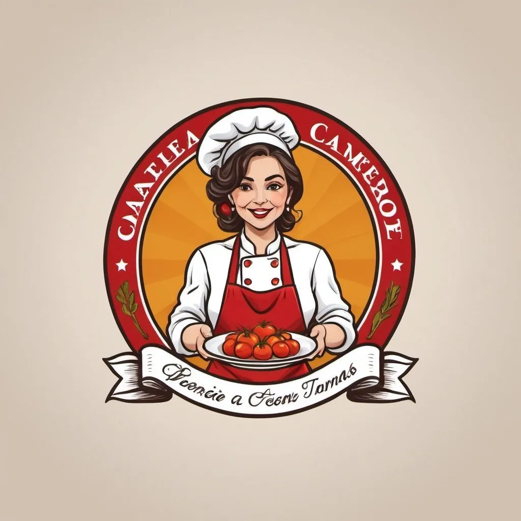 Prompt: Create a logo for catering company for delivery only, focused on home made food, spanish style. The logo should be a woman chef with a plate of tomatoes, cheese, and spanish ingredients