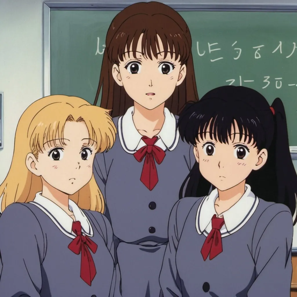 Prompt: 1990s anime screencap, a school girl, anime scene, The three girls are so cute 