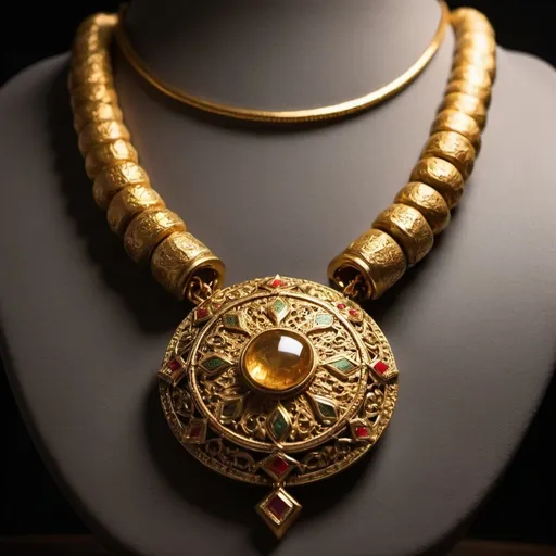 Prompt: a gold necklace on a hard rock,historical style,lovely atmosphiere,about iranian history,3point lighting.