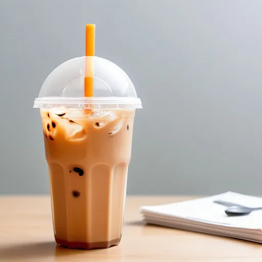 Prompt: Make a photo of refreshing Iced Milk Tea in a plastic cup