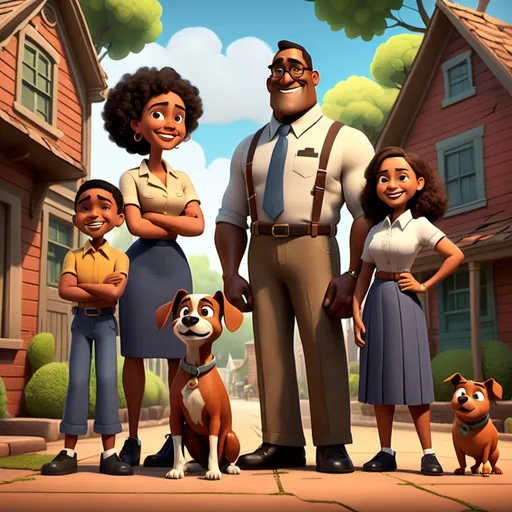 Prompt: Create a vibrant, joyful scene for a  pixar disney 2D animated show called Roots & Rockets, featuring  creole parents mid 40's that are business professional , dad's physique is mid muscular, and mom is curvy with a teacher's aura. the boy age 7 and girl age 5 with a small animated dog and older creole grandparents in their 60s with southern roots stand nearby, smiling with pride. In the background, there are bookshelves filled with STEM-themed books, globes, and science kits. On the wall, family photos with cultural symbols and artwork reflect their heritage. The room is warm with natural light and filled with a sense of connection, love, and inspiration. Rudy’s curious, excited expression shows his love for learning, and his family supports him as they explore and celebrate science together. The overall vibe is one of Black excellence -  empowerment, curiosity, and a deep connection to roots and identity. The colors are bright and inviting, capturing the essence of joy and learning in everyday life
