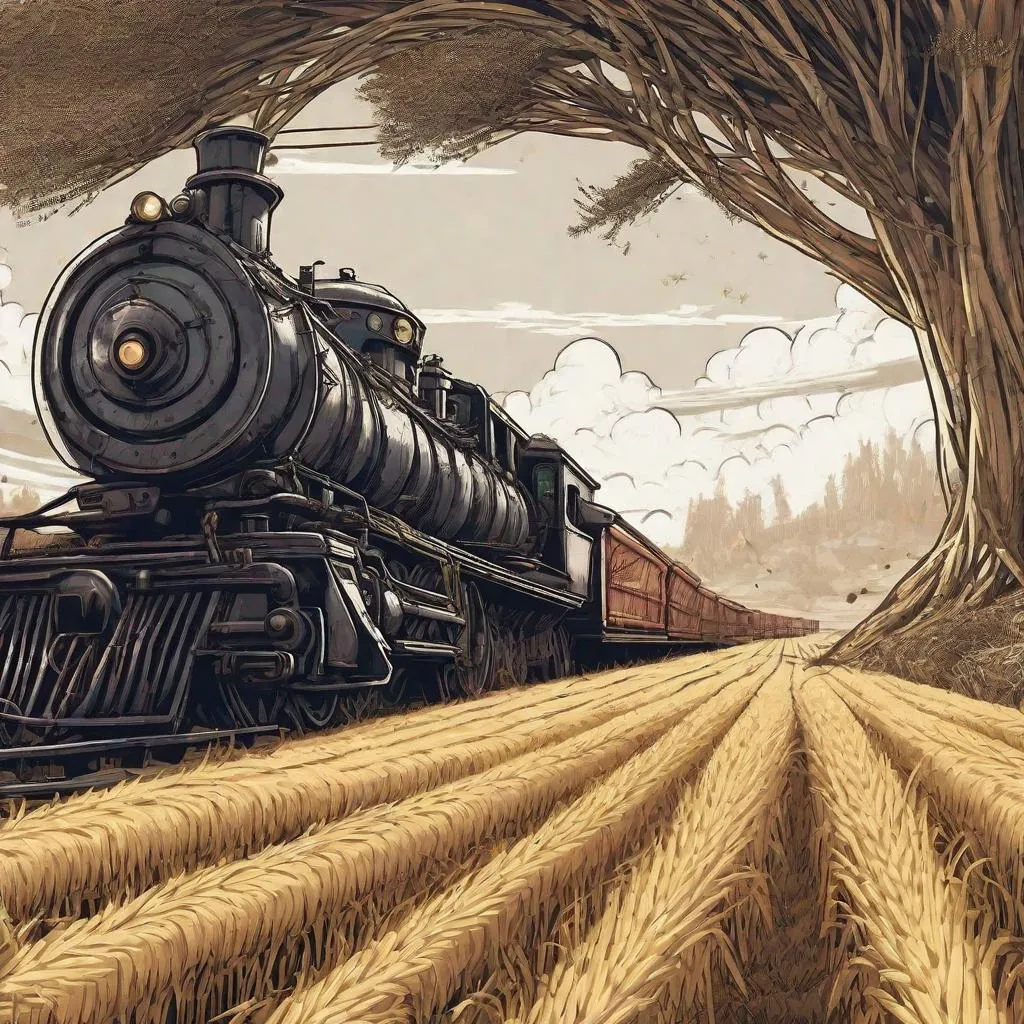 Prompt: Create an illustration of a train crossing a wheat field based on the aesthetics of the video game Bloodborne.